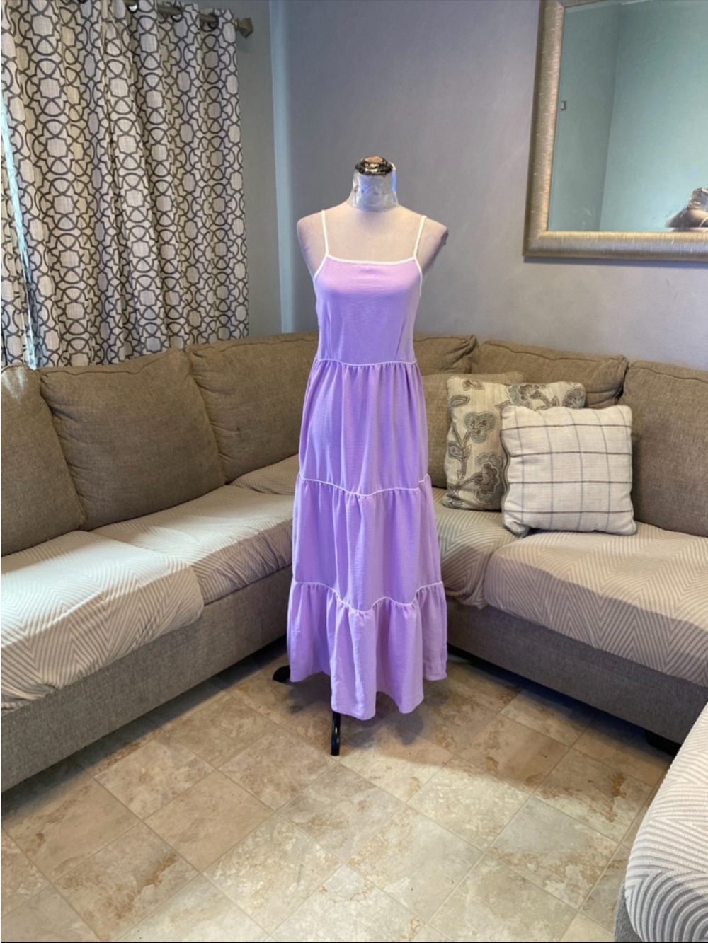 New Women Small Lavender tiered maxi dress features thin spaghetti strap